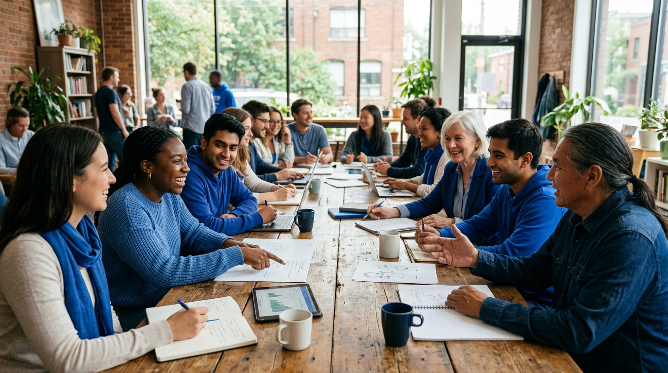 Community members collaborating around a table
